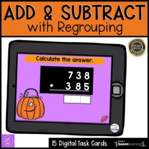Add and Subtract with Regrouping Digital Task Cards | Halloween Themed