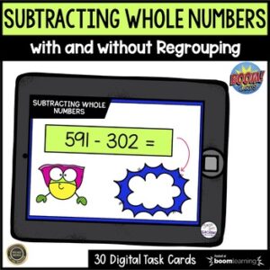 Subtracting Whole Numbers with Regrouping | Digital Task Cards | Boom Cards