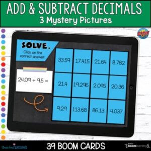 Add and Subtract Decimals | Mystery Pictures | Boom Cards | St. Patrick's Day